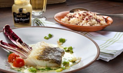 Rezept: Gebratener Skrei mit Senfsauce und Radicchio-Risotto